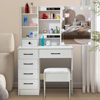 Dressing Dresser Makeup Table Vanity Set With LED Lighted Mirror Drawers W/Stool