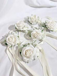 6朵人造玫瑰花新娘手腕花伴娘姐妹手捧花婚礼鲜花派对装饰情人节配饰 - 彩色 - 查看 1