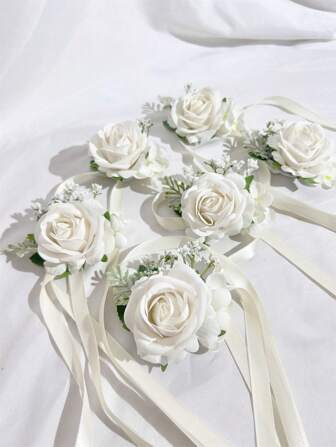 6 件装仿真玫瑰花新娘腕花姐妹伴娘女士手花婚礼花派对装饰