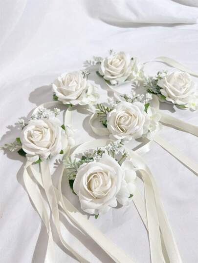 6pcs Artificial Rose Flower Bride Wrist Corsage Sister Bridesmaid Women Hand Flower Wedding Flowers Party Decoration Valentine's Day Accessories