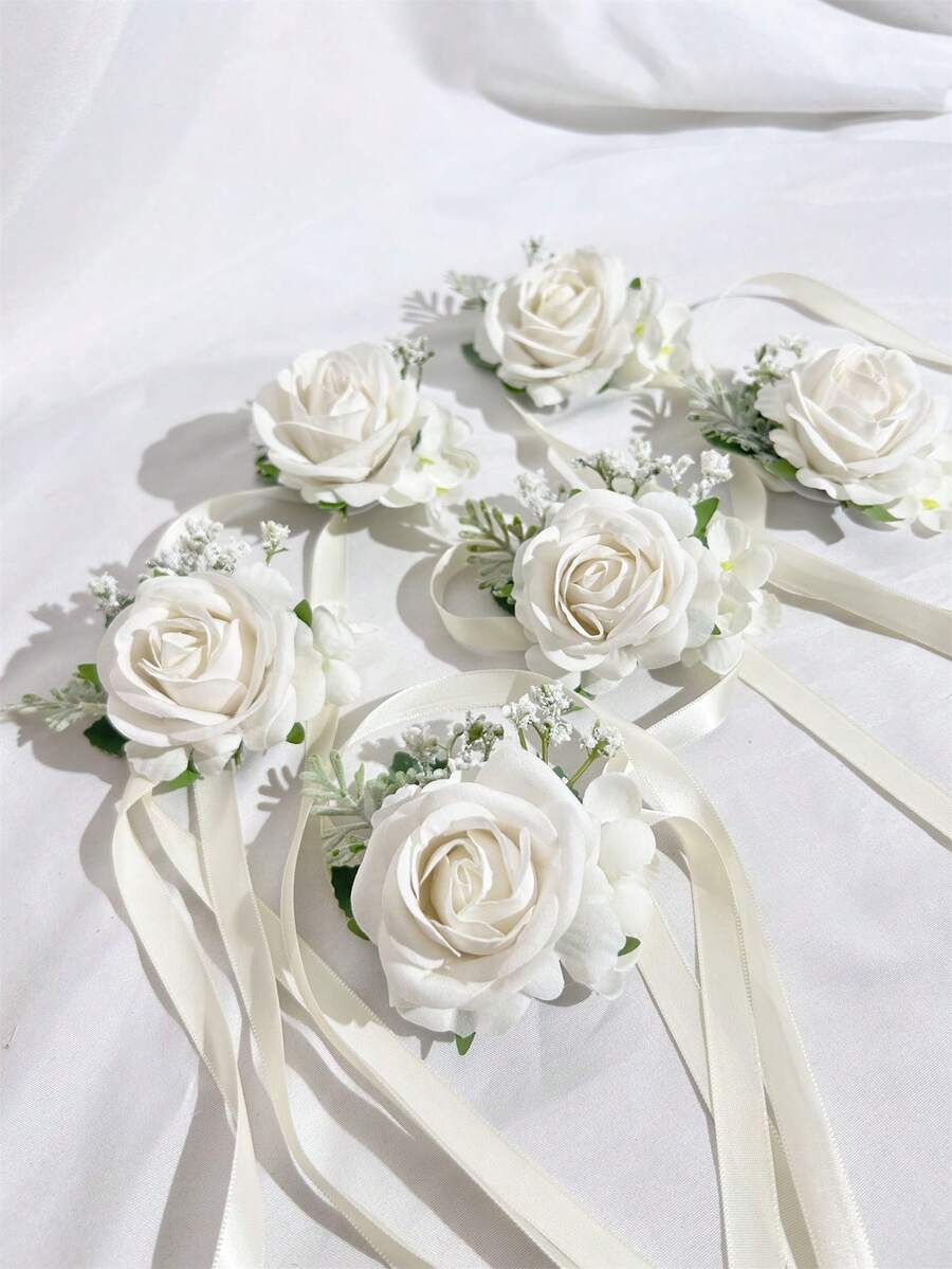 6朵人造玫瑰花新娘手腕花伴娘姐妹手捧花婚礼鲜花派对装饰情人节配饰 - 彩色 - 查看 1