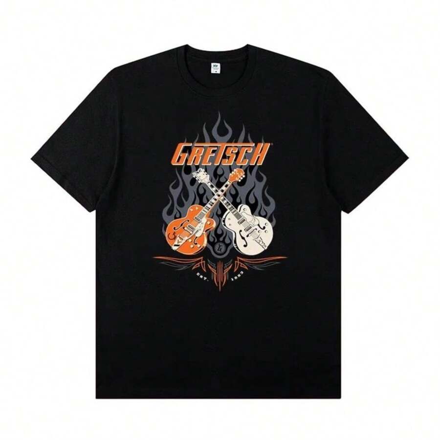 Gretsch Electric Guitar Instrument Peripheral T-Shirt Short Sleeve Cotton Rock Band Lead Singer Practice Costume Casual T-Shirt - 黑色 - 查看 1