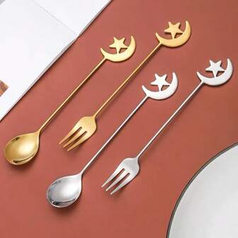 2 Pieces/Set 304 Stainless Steel Gold And Silver Star Moon Design Coffee Stirring Spoon Cutlery Set Spoon And Fork