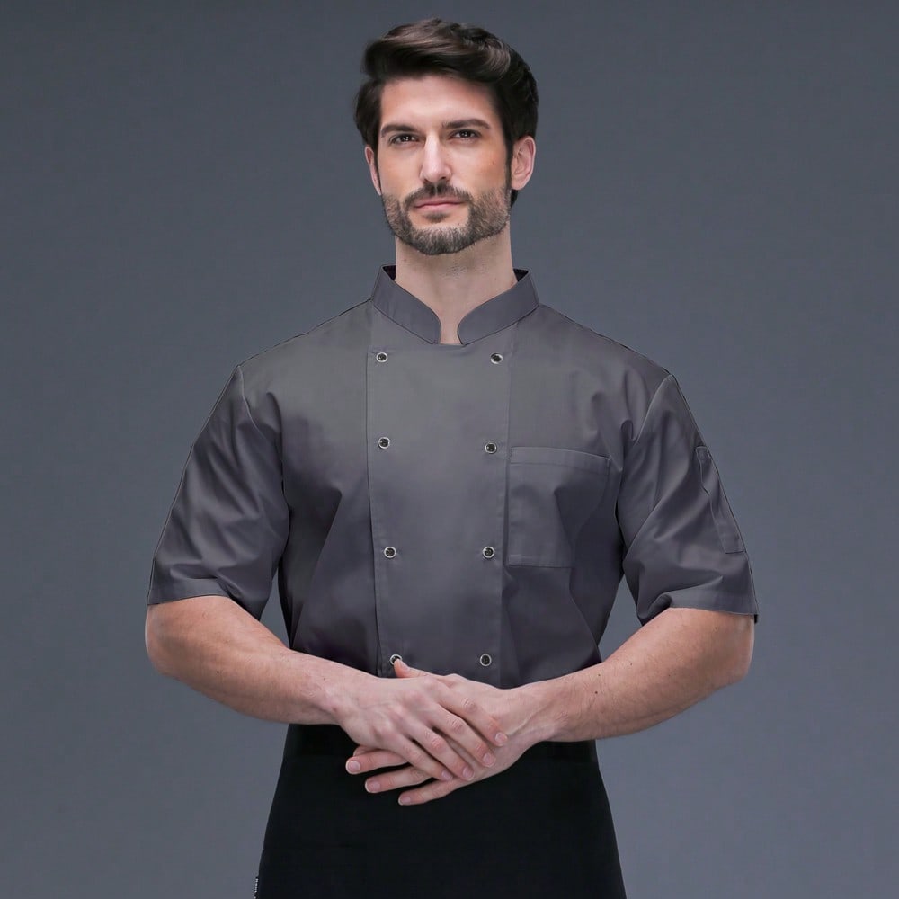 Pieza Chaqueta de Chef, cuello alto unisex de doble botonadura de manga corta, transpirable y liviana