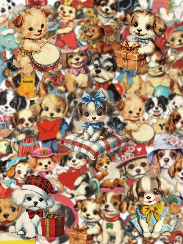 50pcs Vintage Aesthetic Puppy Stickers Self-Adhesive PET Material For Scrapbooking Handbook Guitar Luggage Fridge Organiser Desktop Decoration Durable Stickers Single Use