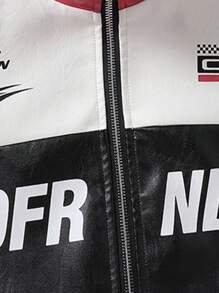 Men's Fashion Contrast Color Embroidered Leather Jacket Outerwear, Suitable For Riding, Racing, Spring & Autumn, Grunge