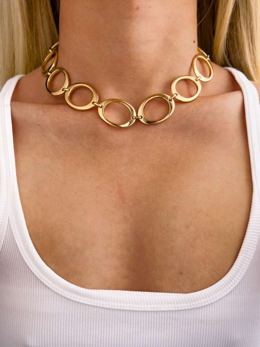 1 chiếc vòng cổ chunky bất đối xứng màu vàng/bạc mờ phù hợp để phụ nữ đeo hàng ngày - Vàng - Xem 1