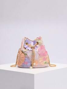 1 Pc Colorful PVC Flower Decor, Mesh Embroidery Jacquard Flower Pattern Chain Pearl Bucket Bag, Fashionable Shoulder Bag, Crossbody Bag (Random Flower Pattern) - Baby Pink - View 4