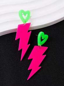 1pc Neon Color Block Acrylic Hollow Lightning & Heart Shaped Stud Earrings, Exaggerated Earrings
