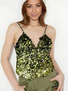 Women Summer Sleeveless Sequins Vest Cami Tops Rave Party Club Tops - Green - View 4