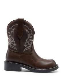 Women's Cowboy Western Ankle Booties, Thick Heel Slip-On Embroidered Square Toe Mid-Calf Fashion Boots, For Country Concerts, Rodeos, And Casual Outings,Autumn Winter Short Shaft Riding Boots - 巧克力棕 - 查看 8