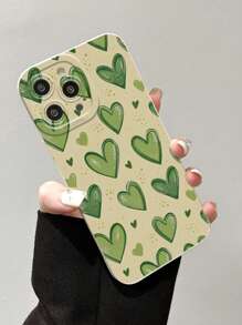 1pc Heart-Shaped Printed Green Mobile Phone Case, Compatible With Apple And