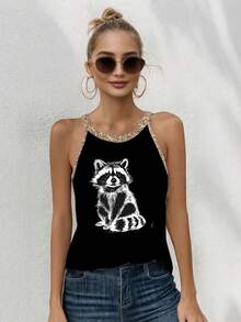 Raccoon Print Women's Casual Printed Summer Black Halter Neck Tank Top - Black - View 1