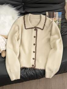 Cardigan con scollo a polo e maniche lunghe con volant stile vintage per donna, autunno inverno - Albicocca - Visualizzare 2