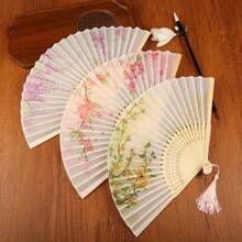 1 szt. Vintage składany bambusowy wentylator, styl retro boho ozdobiony czarnym motylem, kwiatami i frędzlami, kolorowy modny dodatek dla kobiet, wiosna/lato