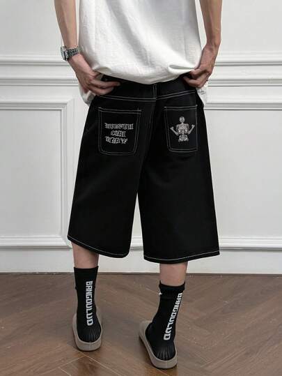 Short en jean décontracté 3/4 pour hommes avec lettre brodée noire de style streetwear pionnier