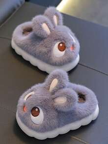 1 par de zapatillas lindas de conejo de dibujos animados para niñas, adecuadas para uso en interiores de niños pequeños, otoño/invierno - Gris - Ver 4