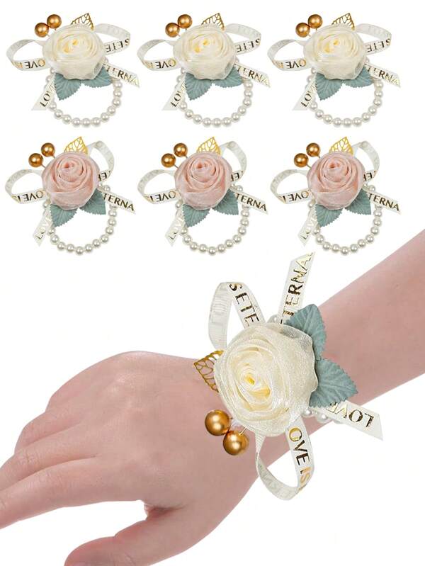 6PCS/Set Wrist Corsages Wristband Hand Flowers Wrist Corsages For Wedding(Set Of 6), Corsages For Prom, Mother Of Bride And Groom, Prom Flowers Pearl Bracelet Silk Rose Ball Dress Decoration