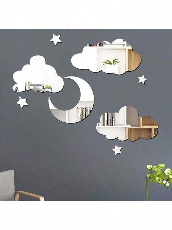 Decoración de pared con espejo de luna y nube de acrílico, pegatinas decorativas autoadhesivas de luna, estrella y nube para decoración de habitación, cocina y hogar