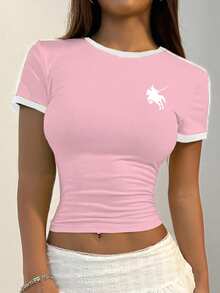 Women's Summer Round Neck Short Sleeve Contrast Color Print T-Shirt - Pink - View 3