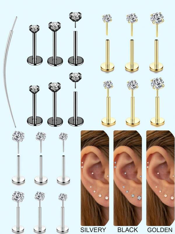 20G Nose Studs Flat Back Earrings Stainless Steel Threadless Tragus Labret Cartilage Lip Medusa Conch Body Piercing Jewelry CZ Diameter 2 3 4mm Bar Length 6 8mm For Women Men