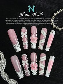 NAIO 10 件/套长指甲矩形辣妹豹纹法式设计手工按压式人造假指甲，3D S 形黑白豹纹法式尖头指甲，浮雕花朵，白色蝴蝶结，银色珍珠指甲配件，粉色晒伤按压式指甲贴片，长矩形，适合日常使用，返校，海滩，派对，礼物 - 按压式指甲美甲用品是送给女孩的完美礼物