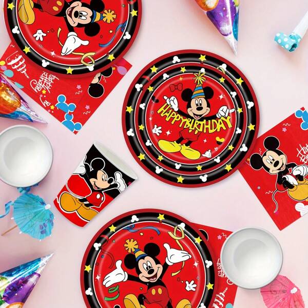 bandai 50pcs Mickey Disposable Tableware Set, Including 10 Dinner Plates, 10 Dessert Plates, 10 Paper Cups And 20 Paper Towels, Adding A Warm Atmosphere To Your Celebration
