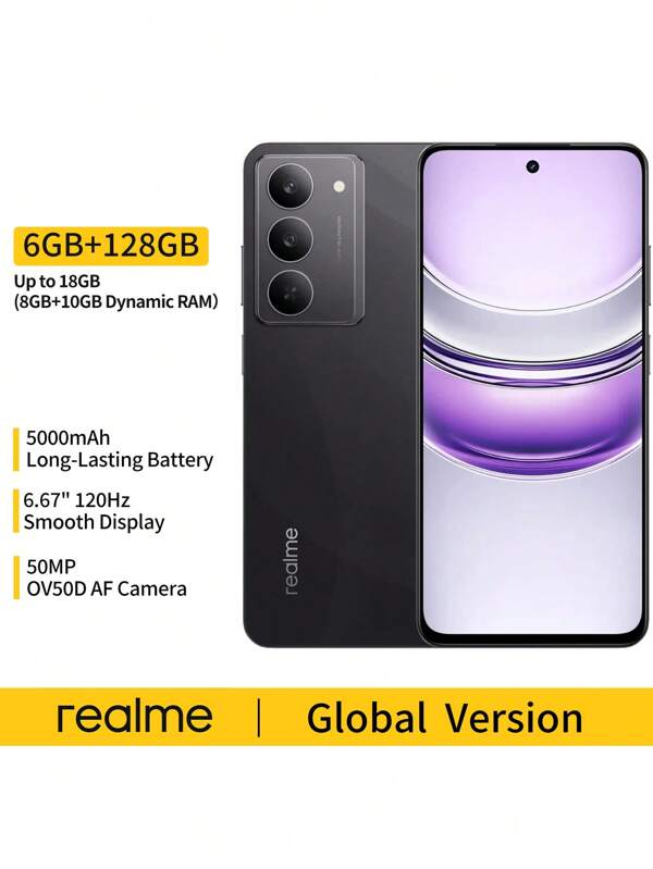 Realme 14X 5G 6GB+128GB Global Unlocked Smartphone With MediaTek Dimensity 6300 5G Chipset​ &6.67" 120Hz HD+ Eye Comfort Display,6000mAh Massive Battery​ &45W SUPERVOOC Fast Charging,50MP AI ProLight Camera&IP69 Dust/Water Resistance(Black)