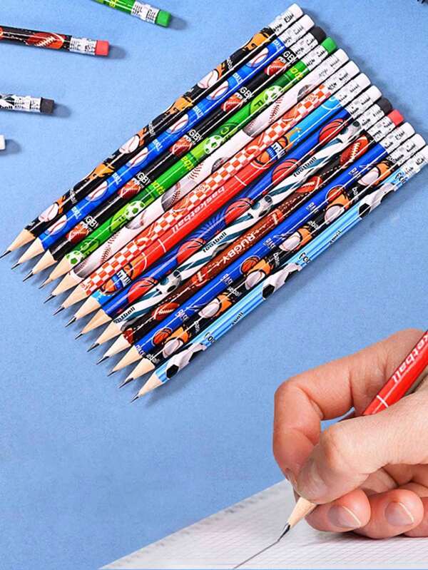 12pcs Sports Theme Pencils With Erasers, Football, Baseball, Basketball, American Football, Student Supplies,School Supplies,Back To School