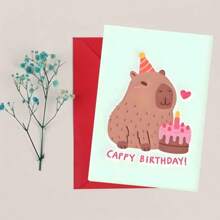1pc Unique Capybara Birthday Greeting Card With Envelope - Adorable Capybara & Cake Design, Humorous "CAPY BIRTHDAY!" Text, Suitable For Family, Friends, Colleagues, Parties And Celebrations, Creative & Cheerful Party Card, School Supplies,Back To School