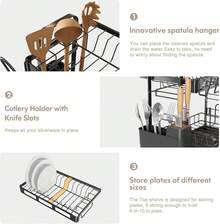 Dish Drying Rack, 2 Tier Large Stainless Steel Sink Dish Rack For Kitchen Counter, Drying Rack With Cups Holder, Utensil Holder And Drainboard Set, Dish Strainer Shelf For Kitchen, Black - Black - View 5