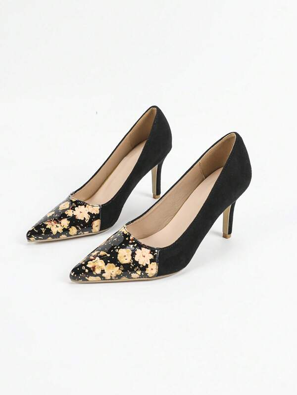 Tacones altos versátiles de moda con puntera puntiaguda y parches florales para mujer