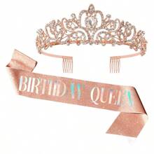 2 Pieces/Set Baroque Rhinestone Birthday Princess Belt Birthday Queen Crown Tiara Rhinestone Birthday Headband Birthday Ribbon Pearl Pin Happy Birthday Crown And Belt Birthday Party Party Decoration Bridal Headpiece Adds A Touch Of Elegance To Your Party Decoration Party Supplies Ribbon