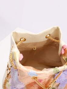 1pc Colorful PVC Floral Embroidered Mesh Sequined Pearl Decor Bucket Bag, New Resort Style Shoulder/Crossbody Bag, Fashion & Versatile (Floral Pattern Randomly Sent) - Beige - View 9