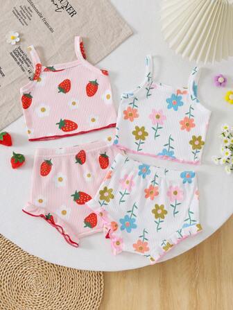 4 pièces Ensemble de débardeur à volants et short avec imprimé fraise et fleur mignon pour bébé fille, printemps/été