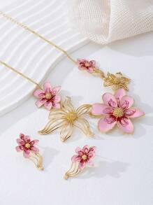 Conjunto de 3 peças de colar e brincos com pingente floral esmaltado elegante, adequado para roupas femininas do dia a dia e de férias, presente