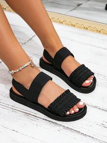 Kate Miuch 欧美时尚简约甜美提花荷叶边/褶皱流苏黑色女士凉鞋，沙滩鞋，度假鞋，波西米亚休闲个性舒适轻便透气，弹性鞋带方便穿脱，适合海滩旅行、音乐节派对等场合。黑色女士拖鞋夏季鞋履 - 黑色 - 查看 4