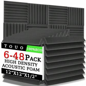 TOUO 6-48 Pcs Acoustic Foam Trapezoid Triangular Groove Panels 12"X12"X2/12"X12"X1" High-Density Soundproofing Sponge Pads - 8 Color Options For Studio Acoustic Treatment And Sound Absorption