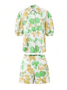 3pcs/Set New Style Vacation Casual Women's Fashion Printed Shirt, Camisole And Shorts Set - Yellow - View 3