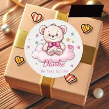 定制感谢贴纸 - 圆形温暖风格设计，带有欢快的棕熊、漂浮气球和 DANKE 横幅，白色纸质贴纸，用于礼品包装、生日、公司礼品（德国感谢）、节日装饰、俏皮主题、手工外观、装饰标签、德语使用者、学校用品、返校