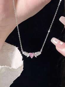 BALMORA 1 Stück luxuriöse S925 Sterling Silber Engelflügel Liebe Halskette für Frauen, süße rosa Zirkonia Schlüsselbein Kette für Mädchen, als tägliches Tragegert oder Geburtstagsgeschenk