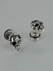 1 par de pendientes de conejo góticos con ojos rojos malignos, pendientes de botón con calavera esquelética de acero inoxidable con gota de aceite negro, regalos para aretes unisex - color acero - Ver 10