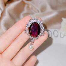 Women's Luxury Oval Purple Zirconia Faux Pearl Brooch Necklace Set