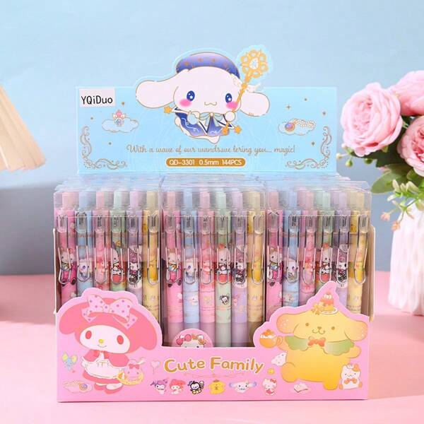 Sanrio 12pcs Sanrio Cute Family Kuromi Boxed Writing Ballpoint Pen - (Random Color) Creative Cartoon Straight Rod 0.5mm Neutral Pen - Boxed Metal Hook Press Pen Cute Press Neutral Pen Student Stationery,School Supplies,Back To School