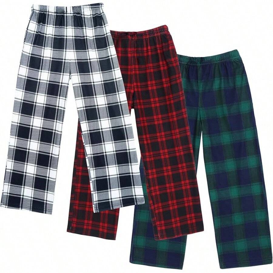 Boys Pajama Pants 3 Pack Sleep Pants Soft Elastic Waist Kids Pajama Bottoms Plaid Lounge Pants With 2 Pockets - B-模式10 - 查看 1
