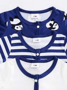 3pcs Cute Panda & Striped Print Long Sleeve Footie Jumpsuit For Baby Boys, All Season - Blue and White - View 3