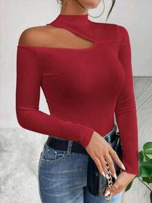 Women's T-Shirt Blouse Suplex Fabric Long Sleeve High Neck Asymmetrical Cut Ideal For Meetings And Casual Use - 紅色 - 查看 4