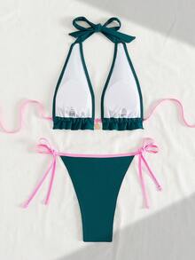 Solid Color Sexy Lace-Up Contrast Trim Bikini Set, Suitable For Beach Vacation Summer - Dark Green - View 2