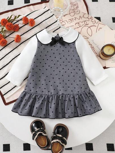 女宝宝可爱彼得潘领波点印花长袖宽松荷叶边下摆连衣裙，适合秋冬季户外活动