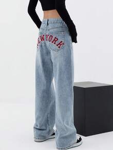 New York Letter Print Jeans Women's Baggy Boyfriend Jeans Wide Leg High Rise Dark Wash Vintage Jeans Y2K Street Denim Pants - 藍色 - 查看 4